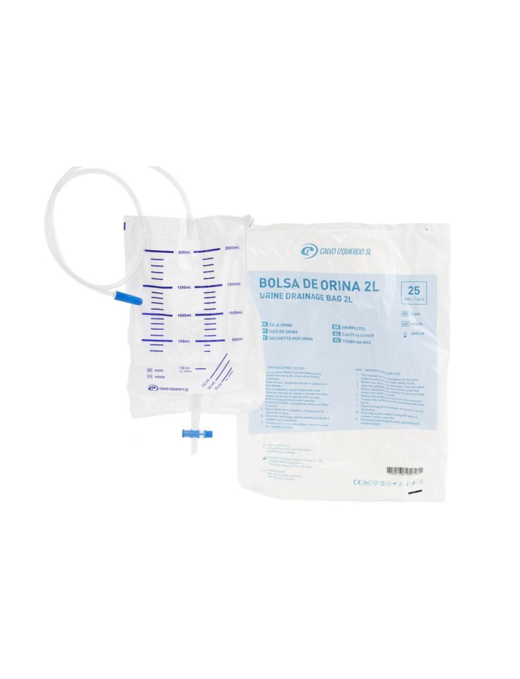 Bolsa de orina 2L – con válvula antirreflujo y grifo en cruz (Bolsa 25 uds.)