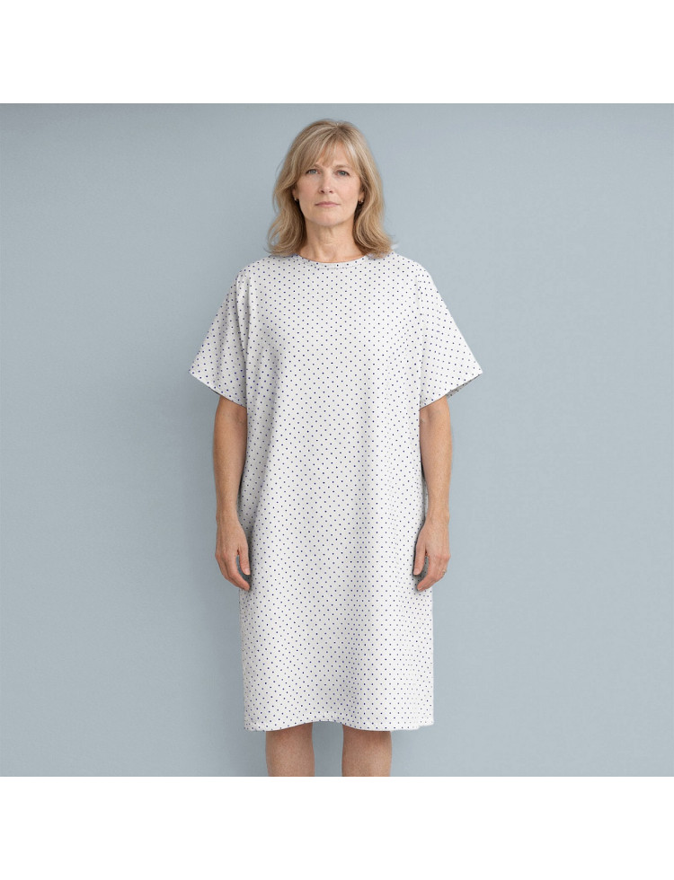 Bata paciente hospital Topos Azules de manga corta con apertura trasera y cierre por cintas