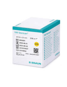 Caja de 100 agujas Sterican hipodérmicas estériles 0,80 × 25 mm (21G × 1"), color verde