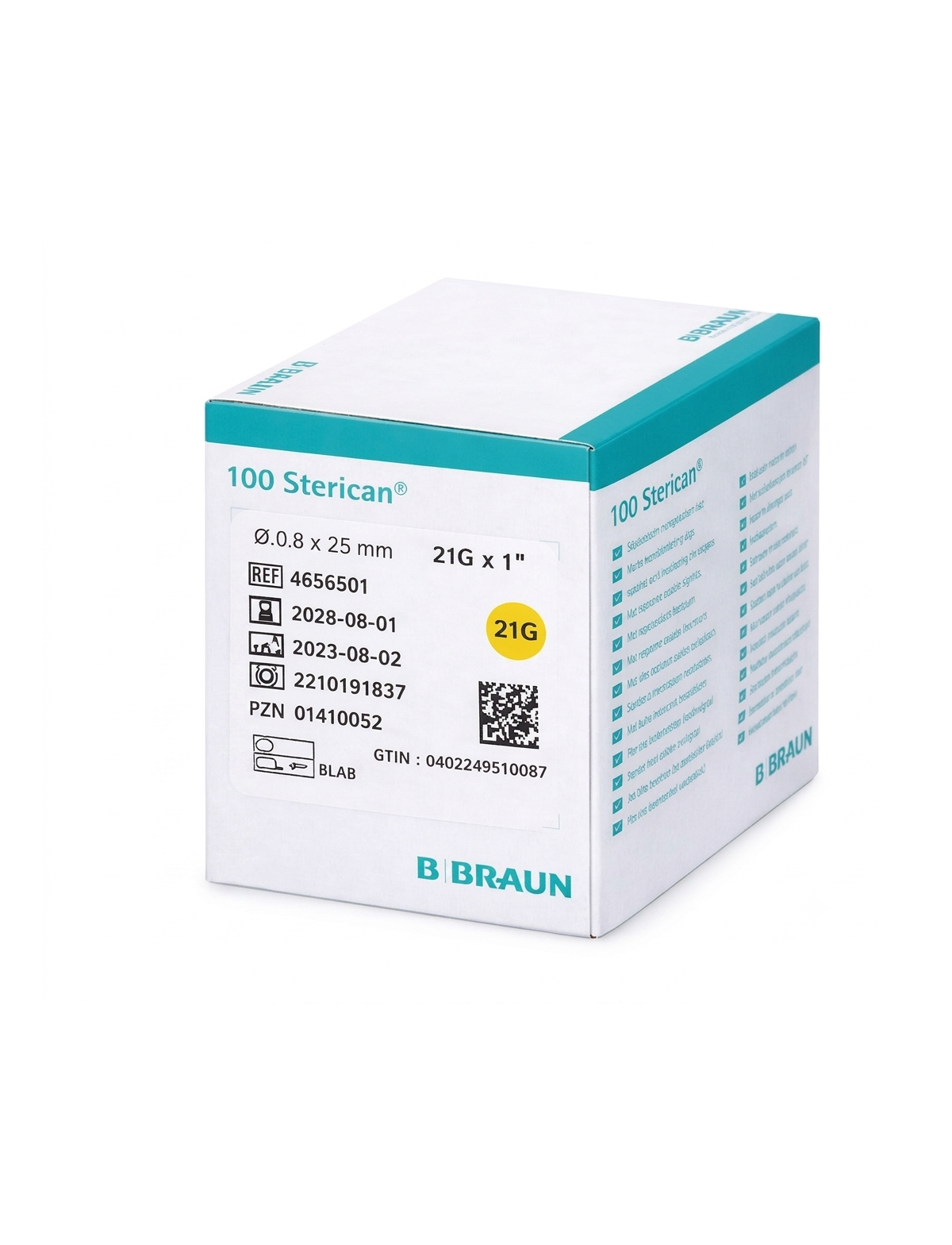 Caja de 100 agujas Sterican hipodérmicas estériles 0,80 × 25 mm (21G × 1"), color verde