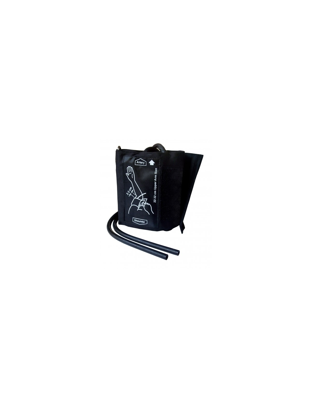 Brazalete negro de recambio para tensiómetro manual con dos tubos de goma y esquema de colocación impreso, fondo blanco